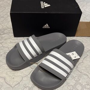 Adidas Gray and White Striped Slides